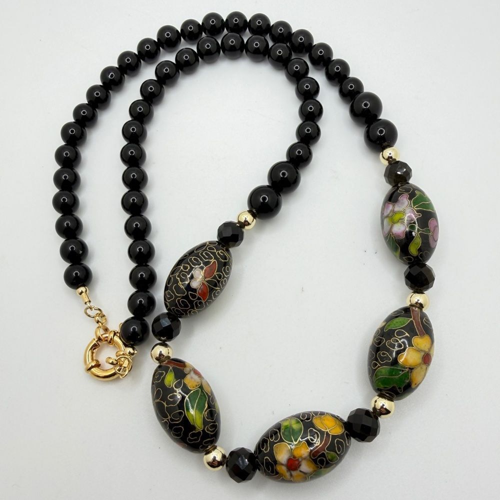 21" 24x15mm cloisonne, 10mm onyx, golden sheen obsidian necklace in gold tone!